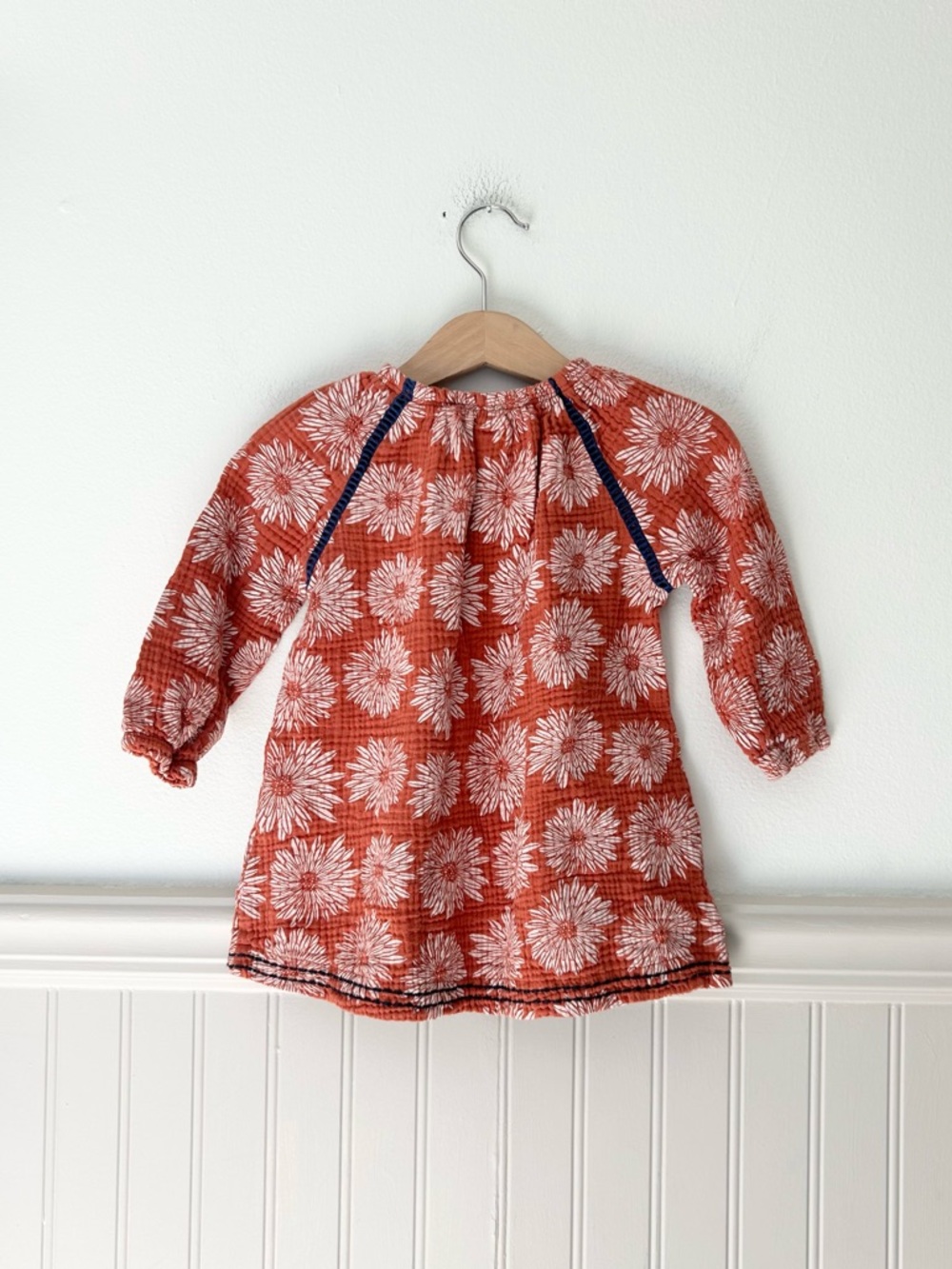 Mud Pie 12–18M Floral Cotton Gauze Dress Rust Navy Tassel Tie Long Sleeve - Picture 5 of 5
